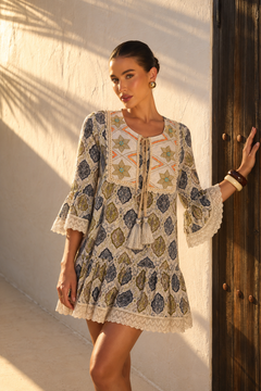 Vestido Maxi Boho Estampado con Pechera Bordada | azul marino