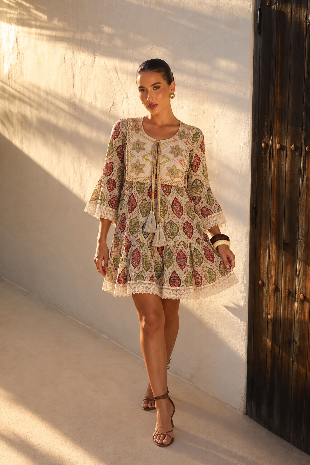 Vestido Maxi Boho Estampado con Pechera Bordada | verde