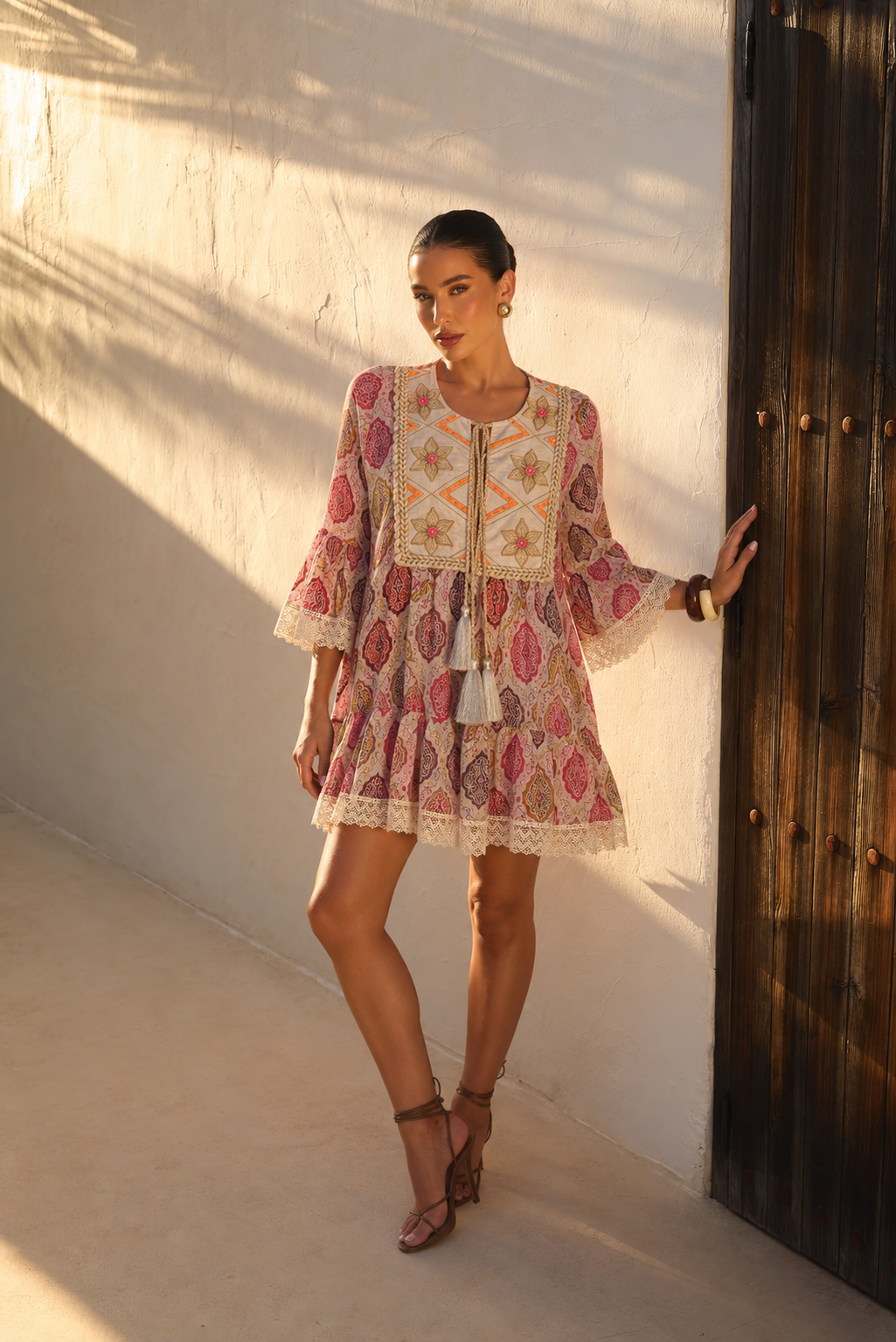 Vestido Maxi Boho Estampado con Pechera Bordada | fucsia