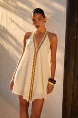 Minivestido Tirantes Crudo Bordado Cobre Escote V