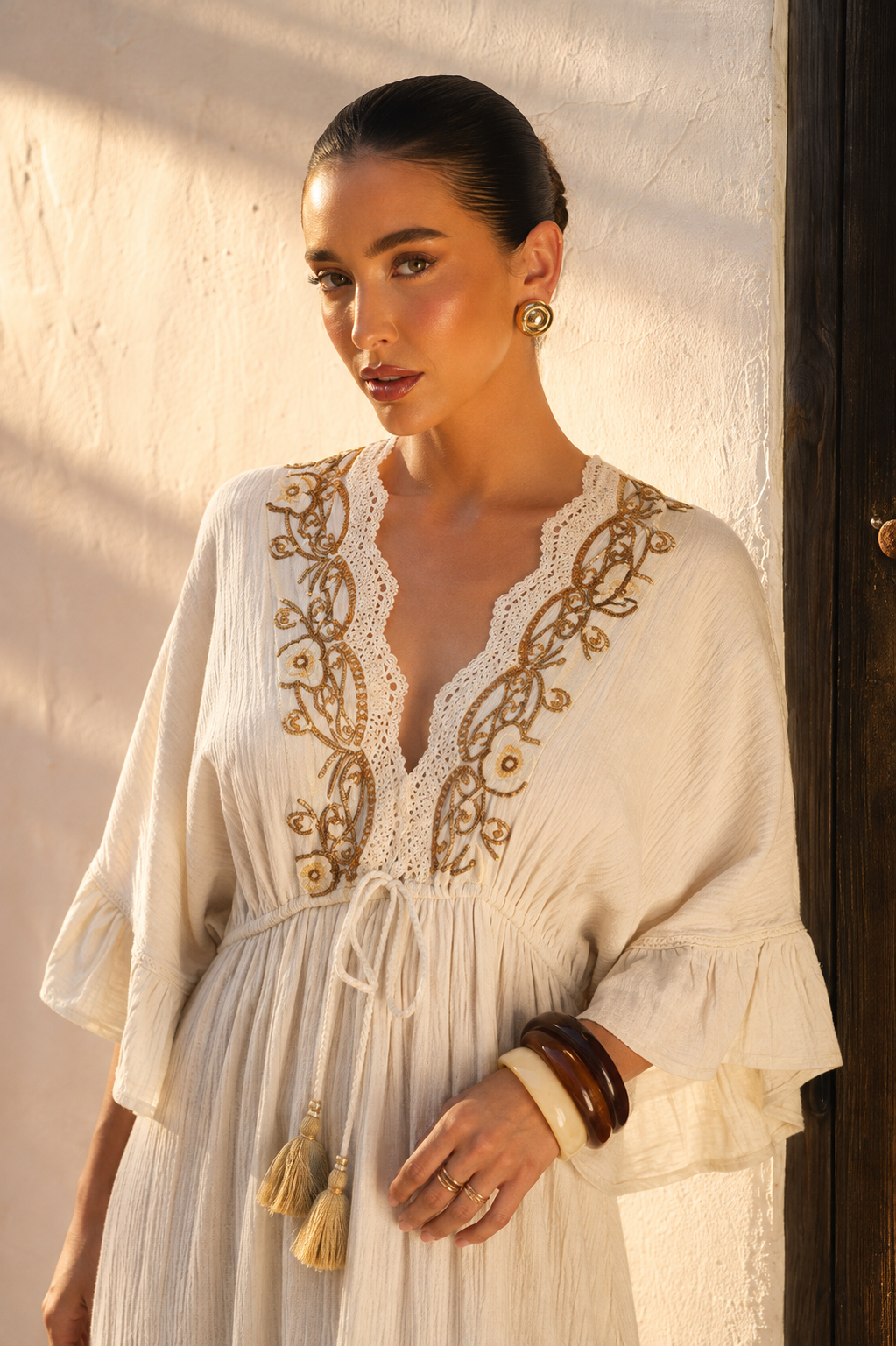 Kaftán Largo Ivory Golden Embroidered