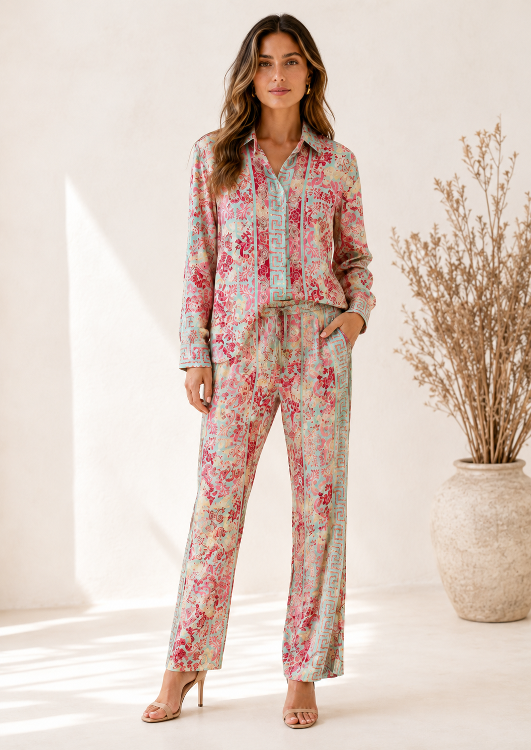 Conjunto Boho Chic Camisero con Estampado Floral | Turquesa