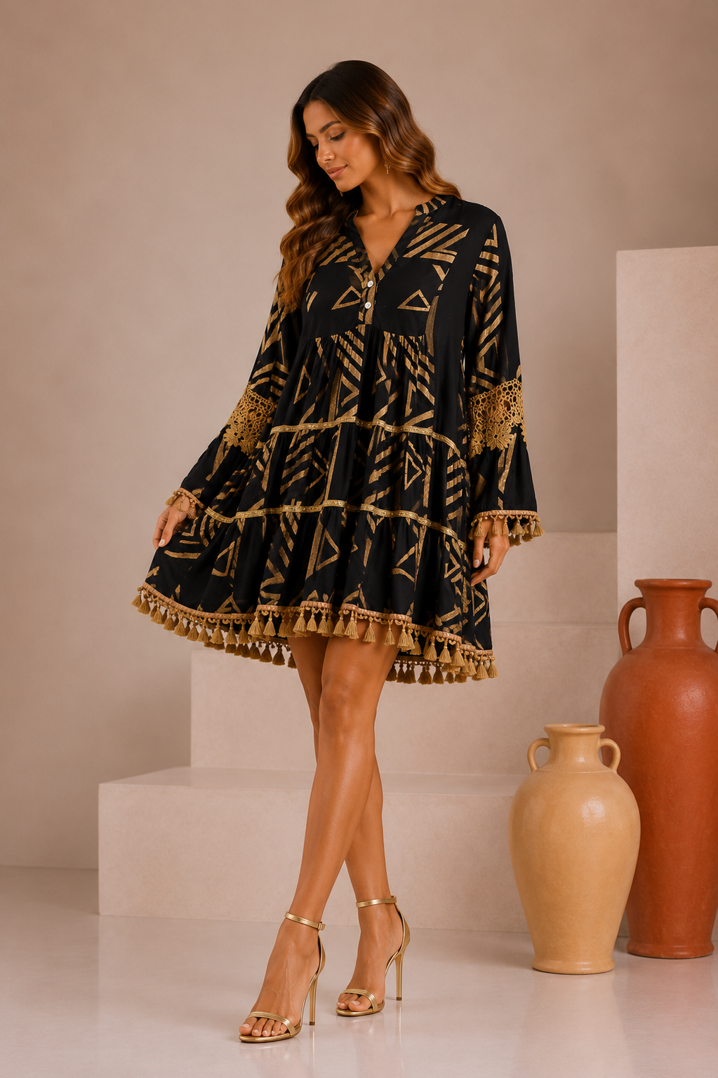 Vestido Corto Boho Chic Estampado Geométrico con Borlas