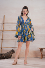 MiniVestido Boho con Mangas de Vuelo Diya Gold | azul-marino