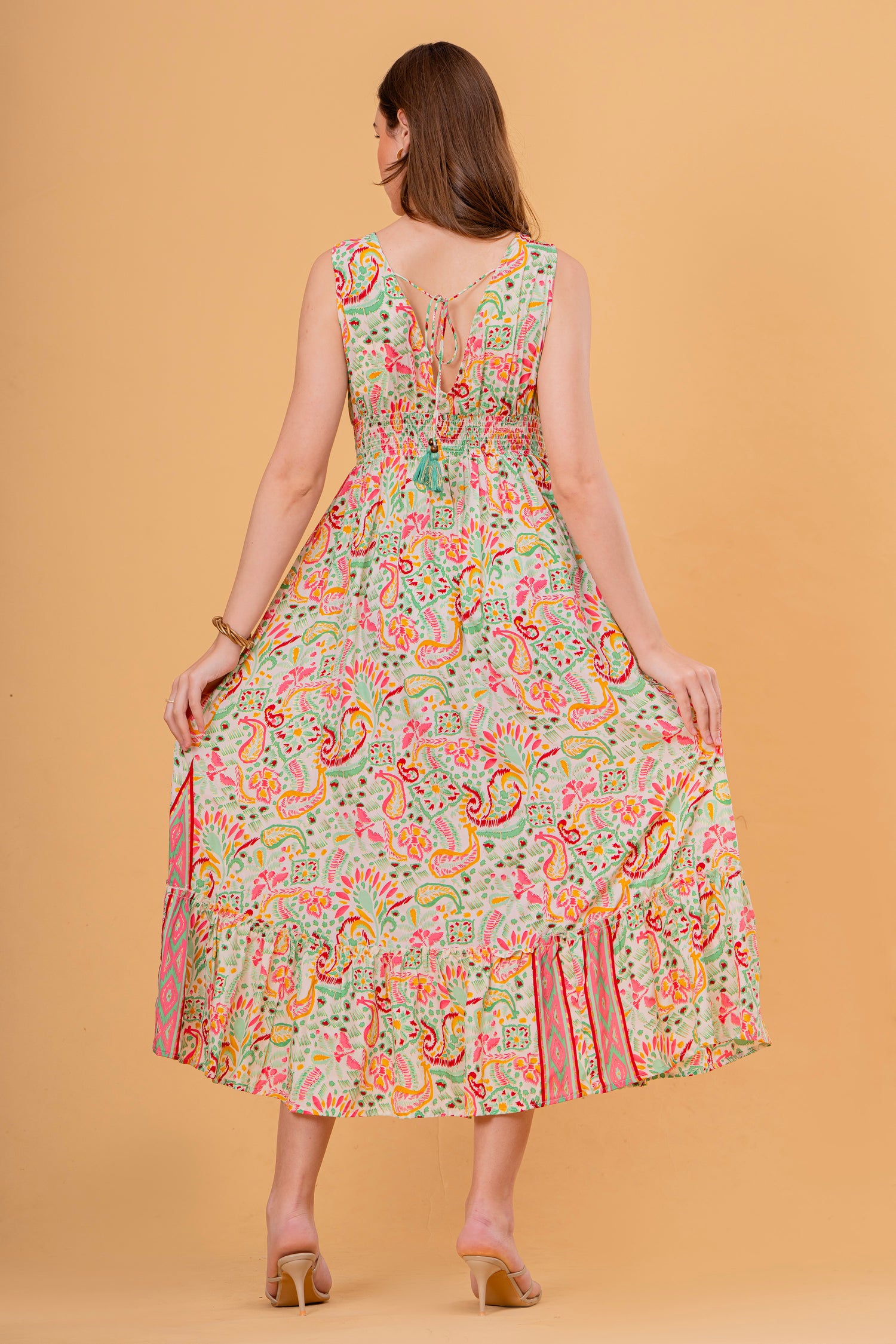 Vestido Midi Sin Mangas Estampado Cachemira con Borla