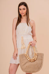 Minivestido Strapless Fruncido Crudo con Bordado Dorado y Volantes