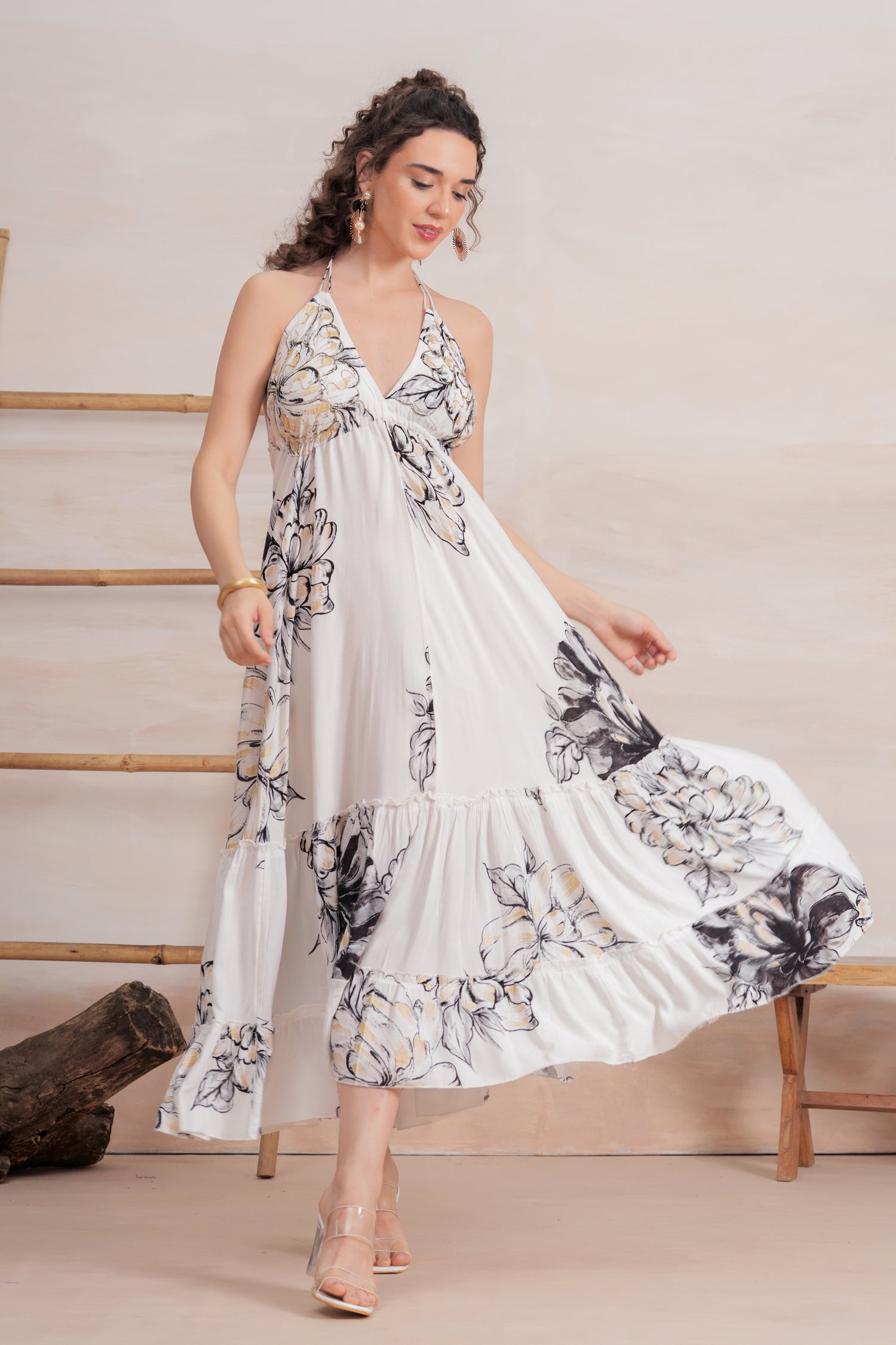 Vestido Midi Halter Floral Bicolor