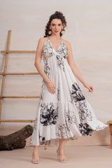 Vestido Midi Halter Floral Bicolor