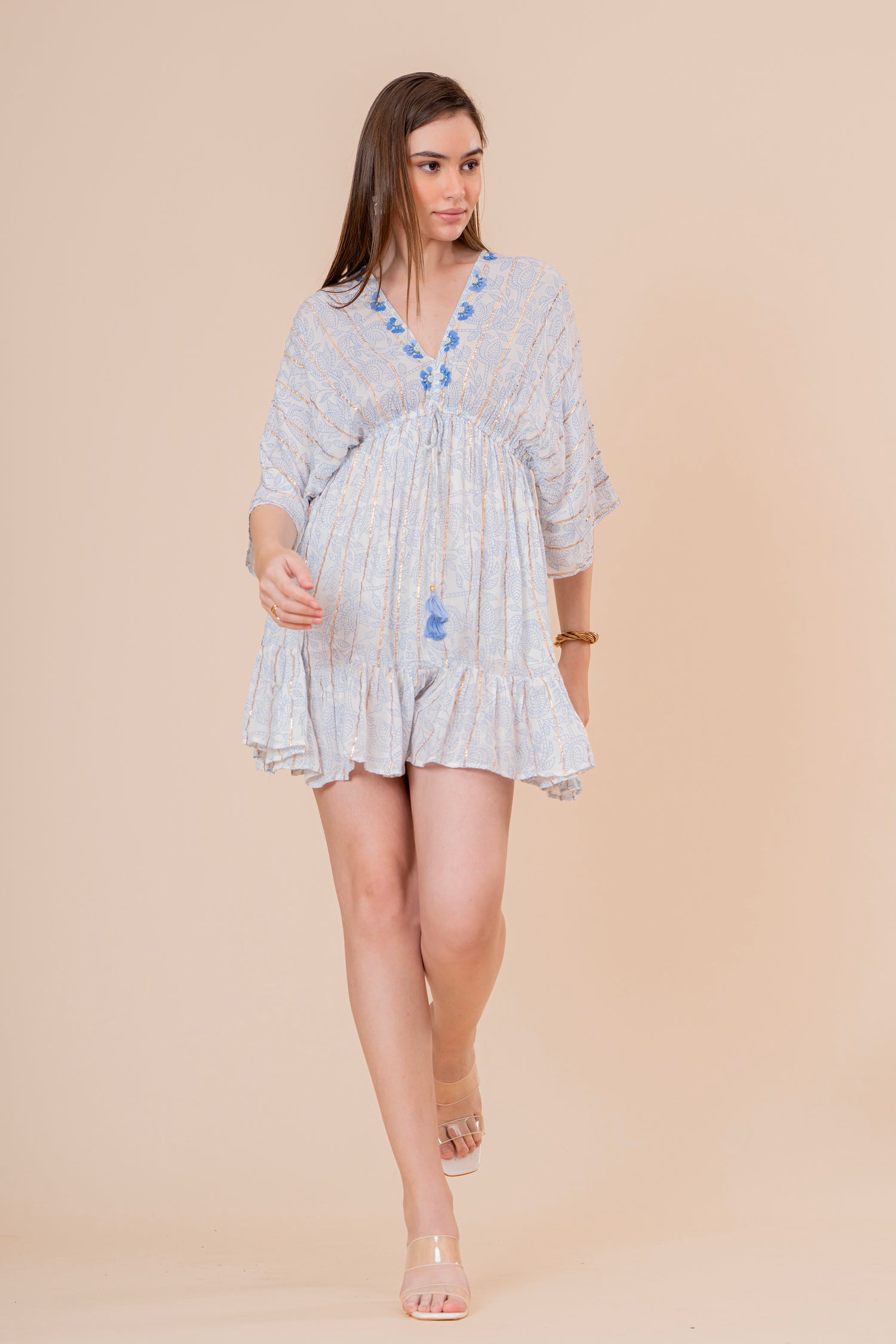 Minivestido Túnica Liso Fucsia con Bordado y Lazo
