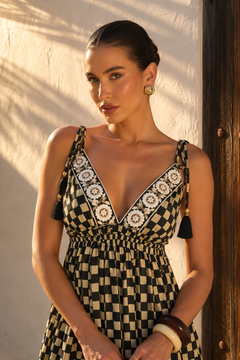 Vestido Mini Escote Floral Ajedrez | negro